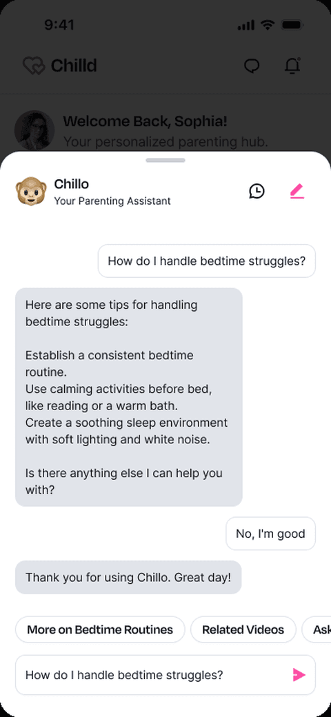 Chillo, the in-app AI parenting assistant, answering a question about bedtime routines