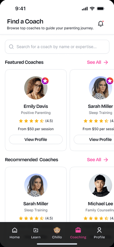 Chilld coaching screen to find and browse parenting coaches with ratings and prices