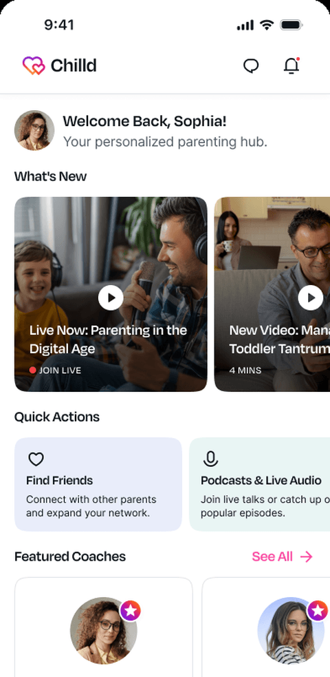 Chilld personalized home dashboard showing coaches, live videos, podcasts, and community highlights