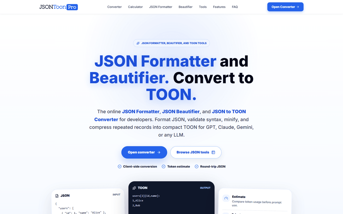 JSONToonPro homepage showing the JSON formatter, beautifier, and TOON converter