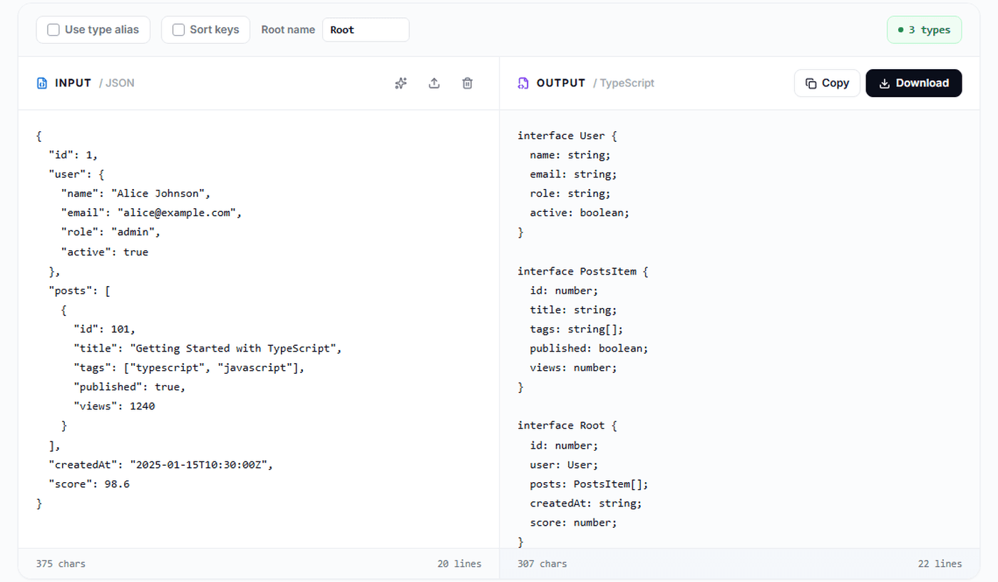 JSONToonPro JSON to TypeScript converter generating typed interfaces from real JSON input